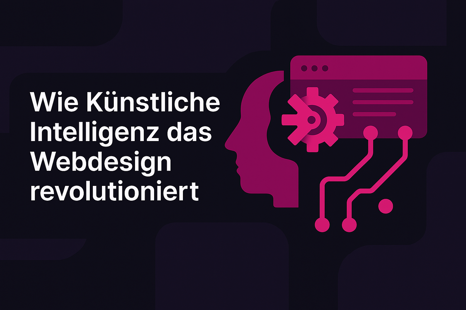 Illustration eines KI-gestützten Webdesigns mit abstrakten Elementen in Velyo-Farben auf dunklem Hintergrund